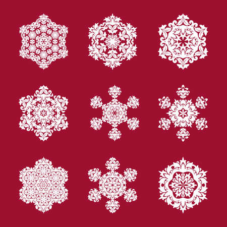 Snowflakes background. Used such fashionable colors: Jester Red, Pressed Rose, Sweet Corn. Vector illustration Flat design with abstract snowflakes isolated on red background.のイラスト素材