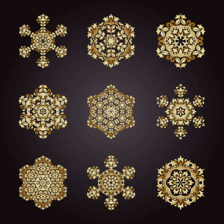 Set snowflake gold, tribal vintage background with a medallion. Pattern with abstract art flower for yoga. Bohemian decorative element, henna design, vector retro circle ornamentのイラスト素材