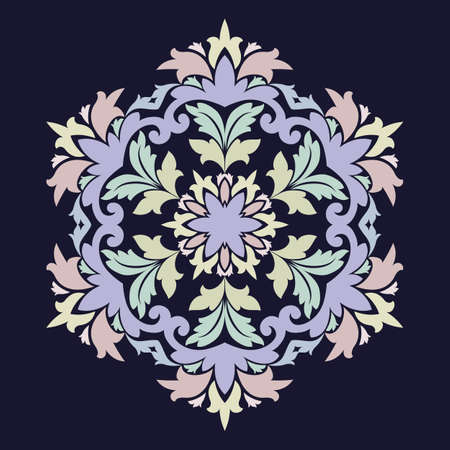 Isolated vector illustration. Abstract floral decor. Ornate six point star or mandala with vintage motifs. Used such fashionable colors Jester Red, Pressed Rose, Sweet Cornのイラスト素材
