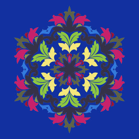 Isolated vector illustration. Abstract floral decor. Ornate six point star or mandala with vintage motifs. Used such fashionable colors Jester Red, Pressed Rose, Sweet Cornのイラスト素材