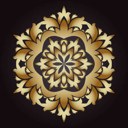 Mandala snowflake gold, tribal vintage background with a medallion. Pattern with abstract art flower for yoga. Bohemian decorative element, henna design, vector retro circle ornamentのイラスト素材