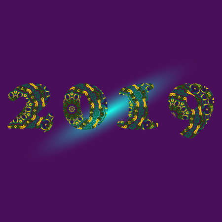 Handwritten number 2019 patterned with zen-tangle shapes, isolated on white. Handwritten font 2019...