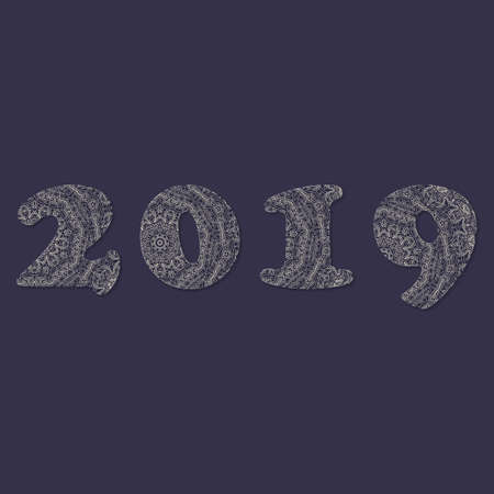 Handwritten number 2019 patterned with zen-tangle shapes, isolated on white. Handwritten font 2019 for decorate calendar, banner, poster, invitation, new year card, adult coloring book. eps 10のイラスト素材