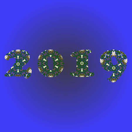 New year congratulation card with numbers 2019 on winter holiday background. Christmas mandala. Antistress coloring book for adults. Zen monochrome graphic. Editable vector illustrationのイラスト素材