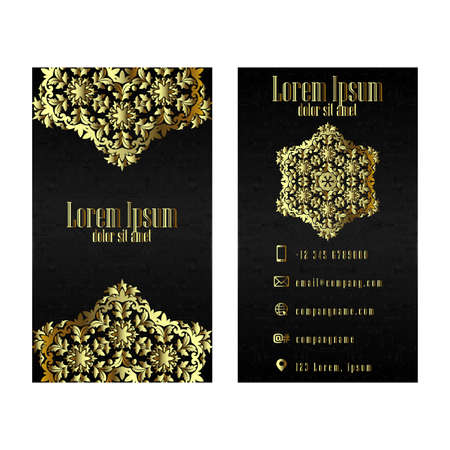 Gold Visiting Card - Business Vector Card creative Design, Islamic style, front and back samples, luxury templates in classic colors, blank layout for your ideaのイラスト素材