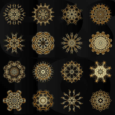 Set of decorative hand-drawn mandala elements, gold floral pattern for page, frame, invitation, gift card design. Elegant retro collection on black background.のイラスト素材