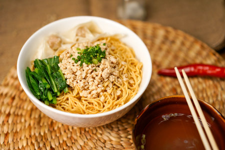 Chinese noodle with minced pork and vegetables in white bowl on wooden tableの写真素材