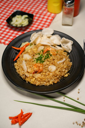 Fried rice with shrimps and vegetables in a black plateの写真素材