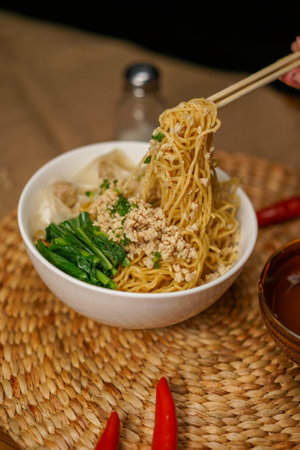 Noodles with minced pork and vegetables in white bowl on wooden tableの写真素材