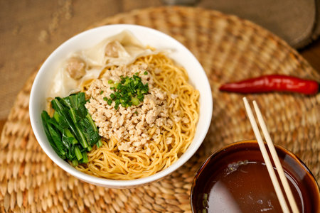Noodles with minced pork and vegetables in bowl on wooden tableの写真素材