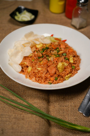 Fried rice with shrimp and vegetables in white plate on wooden tableの写真素材