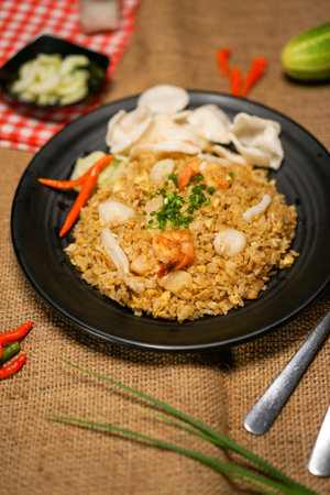 Fried rice with shrimp and vegetables in black plate on wooden tableの写真素材