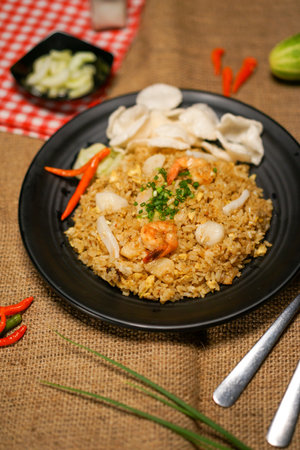 Fried rice with shrimp in black plate on brown sackcloth backgroundの写真素材