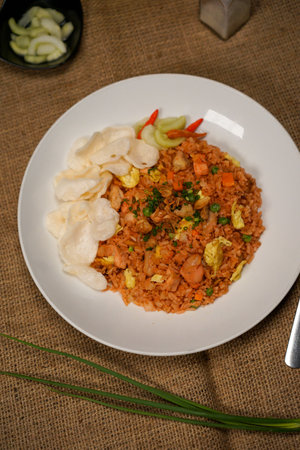 Fried rice with chicken and vegetables in a white plate on a tableの写真素材