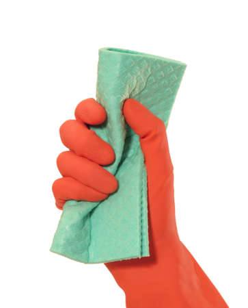 Hand in rubber gloves holding a green spongeの写真素材