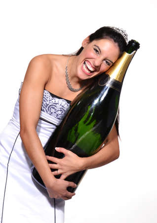 Bride holding a bottle of champagneの写真素材