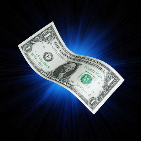 One dollar bill on blue star flash and black background.
