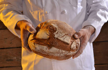 Cook holding fresh bread. Baker holding a fresh bread taken out of the oven.
