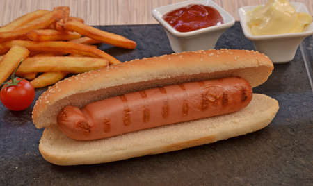 Hot dog, potatoes chips and sauces ingredients background.の写真素材