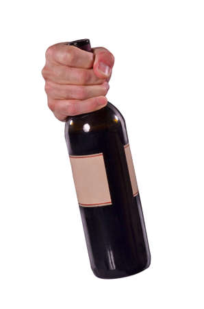 Bad hand holding red wine bottle on white backgroundの写真素材