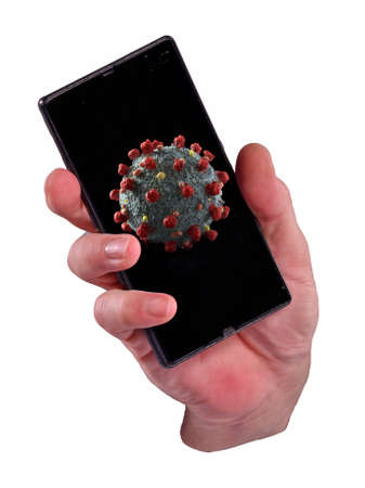 Cell phone viral coronavirus news concept on white background.