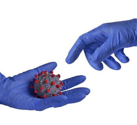 Scientist hands holding and touching virus molecular structure on white background