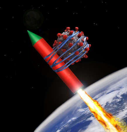 Coronavirus molecule tied on space rocket to expel it away from earth