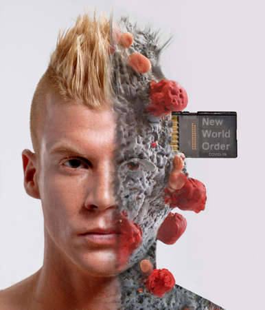 New world order con human coronavirus contagion chip concept.