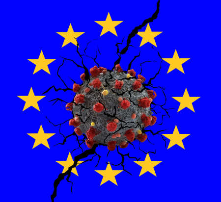 Europe Union collapse economy on Euro coin embedded on logo wall and crack.の写真素材