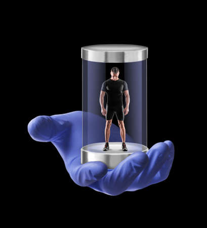 Scientist doctor hand hold strong fitness man inside a tech cristal capsule.
