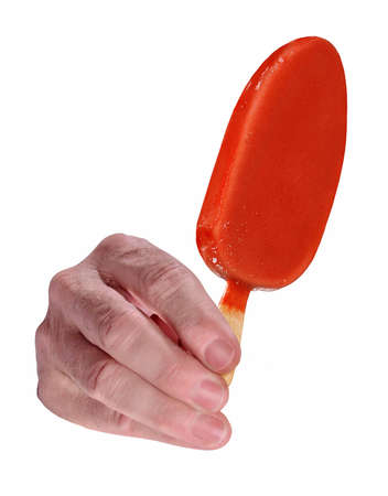 Hand hold a strawberry popcicle ice cream on white background.