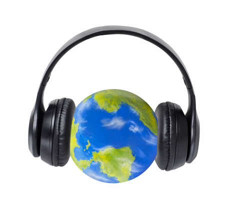 planet earth wearing stereo headphones on world music conceptの写真素材