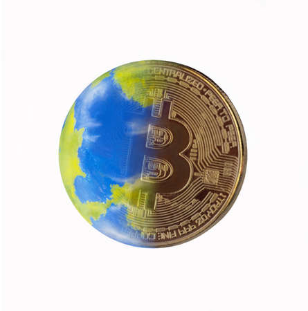 Bitcoin cryptocurrency logo on planet earth globe concept on white background.の写真素材