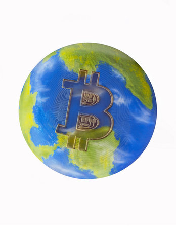 Bitcoin cryptocurrency logo on planet earth globe concept on white background.の写真素材