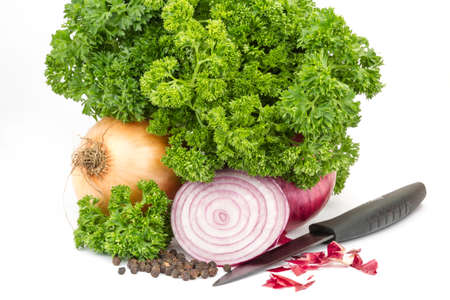 fresh onions with parsleyの写真素材