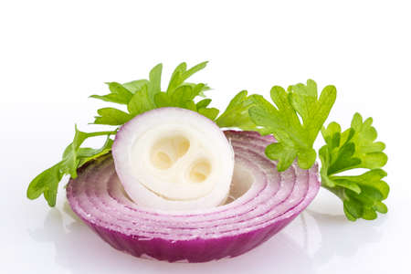 fresh onion rings with parsleyの写真素材