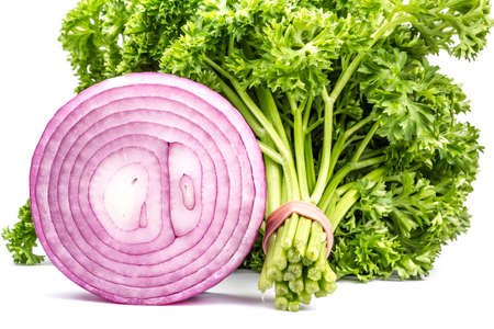 fresh purple onion and parsleyの写真素材