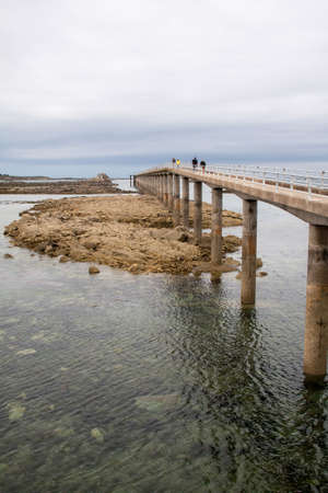 Jetee pedestrian pier of Roscoff and the island of Batz, Roscoff, Finistere, Brittanyの写真素材