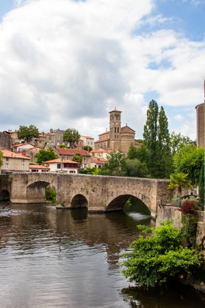 Clisson. Church of Notre Dame and Bridge of the Valley. Loire Atlantique. Country of the Loireの写真素材