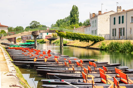Coulon. Mooring of boats on the SÃ¨vre Niortaise. Poitou-Charentes. Two Sevresの写真素材