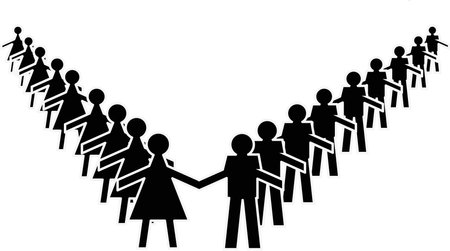 Silhouettes of men and women holding hands forming a V on a white background and text locationのイラスト素材
