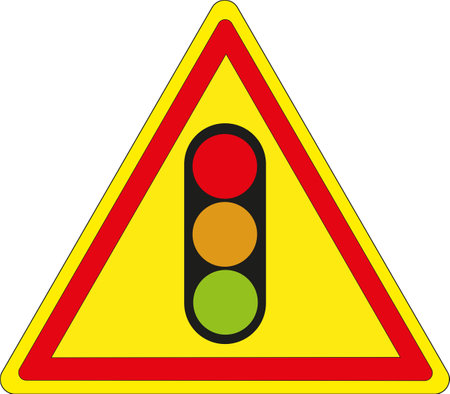 Triangular sign with yellow background and red surround: Temporary traffic light announcementの写真素材