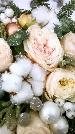 Close-up Beautiful Bouquet. Bouquet of flowers cotton, white lisianthus, pink roses, white roses.. Beautiful flowers background.の写真素材