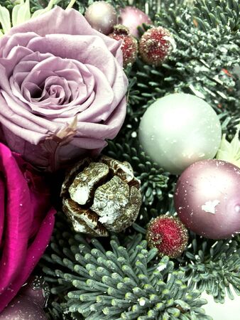 Christmas composition with pink and purple preserved roses. Christmas tree decor in macro. Christmas tree backgroundの写真素材