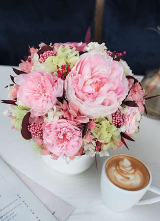 Preserved flower in box. Roses, peonies and Hydrangea. Beautiful flower box. Magic flowers box.の写真素材