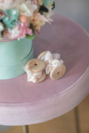 Flowers box and silk ribbons. Close-up of flowers box.