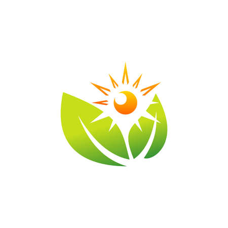 sunlight and nature green leaves symbol, nature plant ecology icon vector design illustrationのイラスト素材