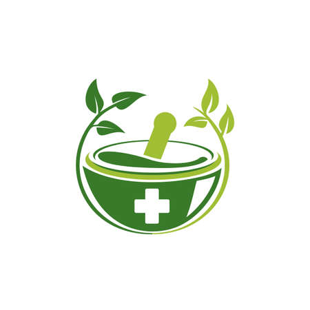 pharmacy medical logo, nature mortar and pestle logo conceptのイラスト素材