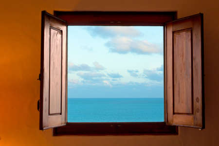 Window view looking out over the Caribbean Seaの写真素材