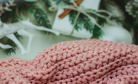 Composition of handmade knitted products and threads in pastel colors.の写真素材